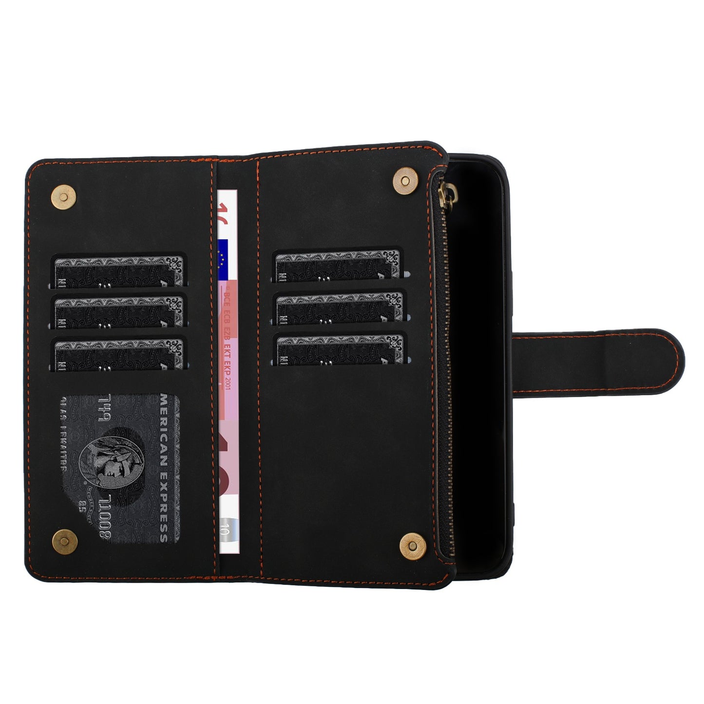 For Apple iPhone 16e (E edition) PU Leather Wallet Design Jewel Bling with Credit Card Holder Flip Folio Pouch Zipper Purse Wrist Strap Case Cover