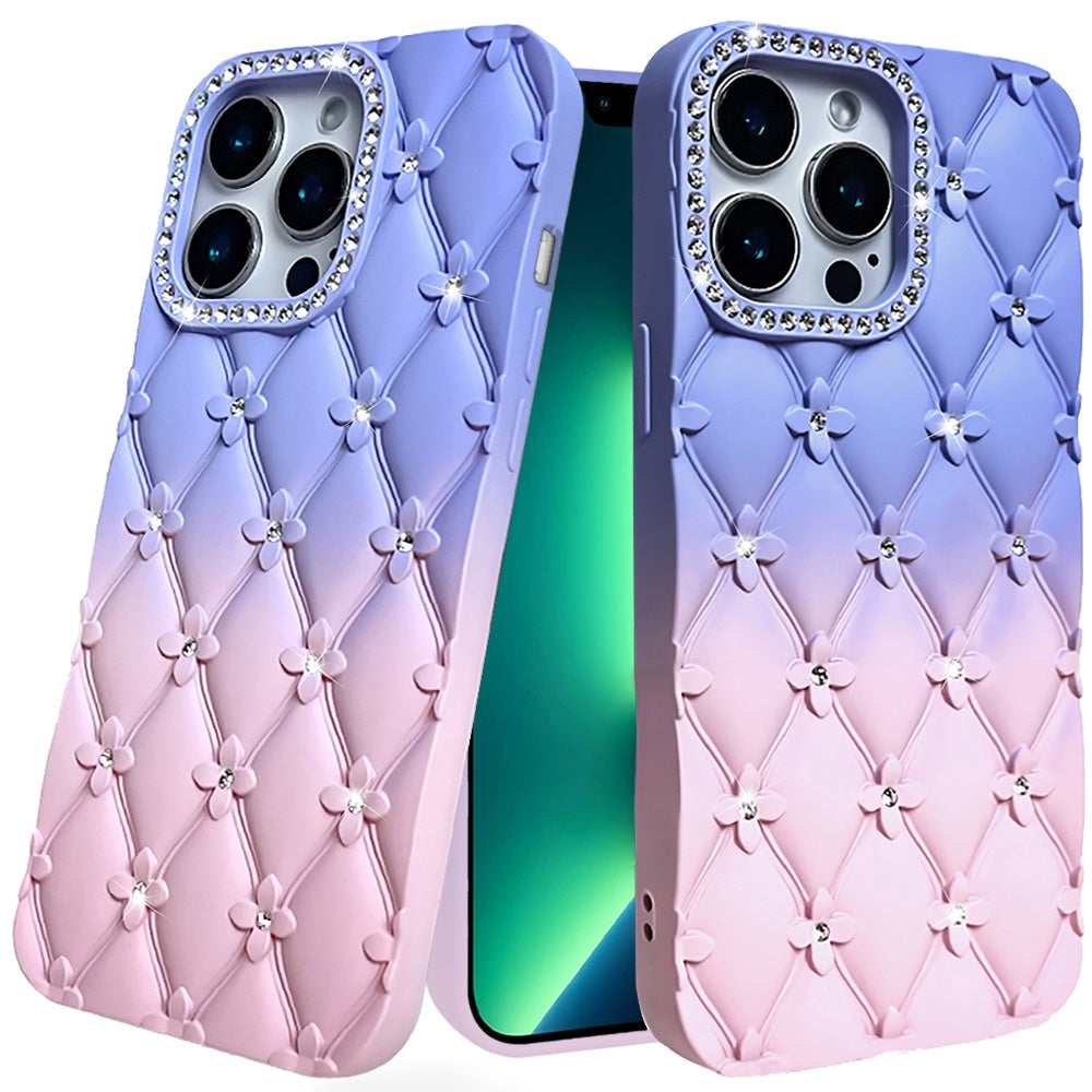 For Apple iPhone 15 Pro Max (6.7") Fashion Flower Design Sparkle Glitter Shimmer Rhinestone Bling Leather Feel Thick TPU Rubber Hard PC Case Cover