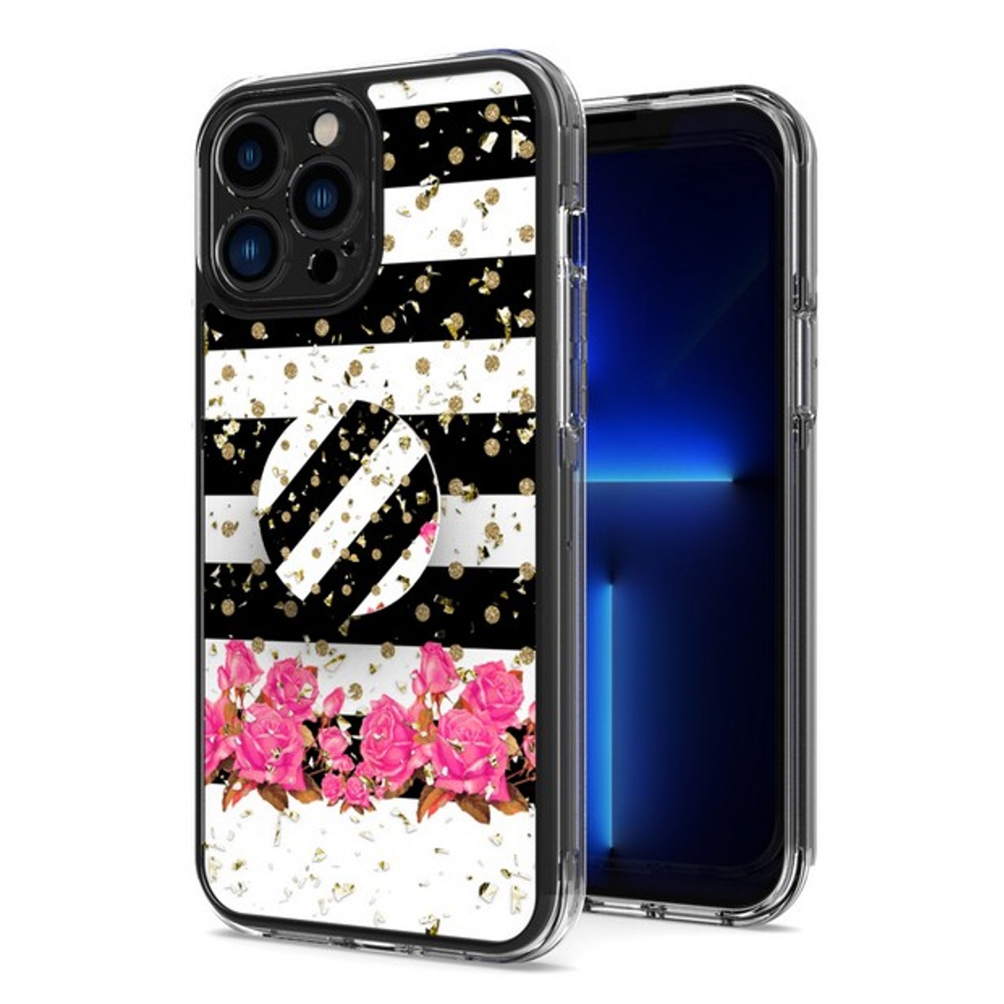 For Apple iPhone 15 Plus (6.7") Elegant Pattern Design Bling Glitter Hybrid Ring Stand Pop Up Finger Holder Kickstand Phone Case Cover