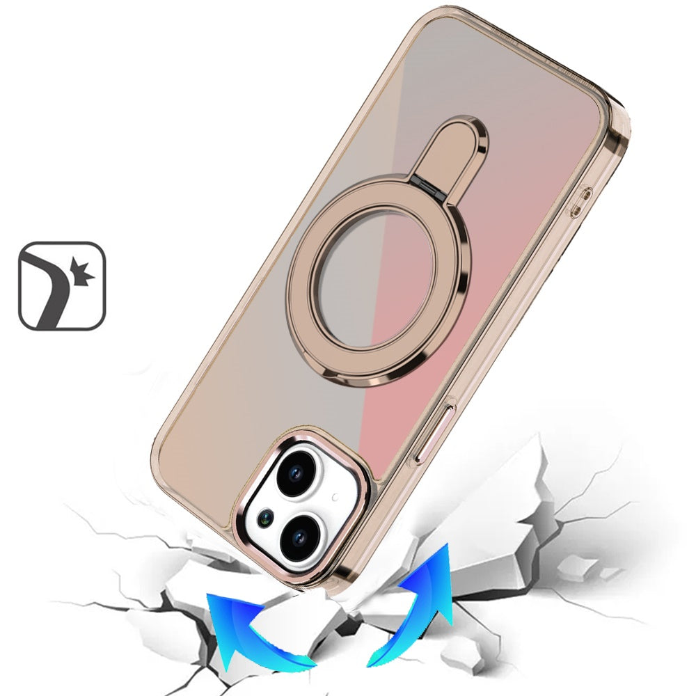 For Apple iPhone 15 Chrome Hybrid with Rotating Magnetic Circle Ring Stand, Slim Shockproof Hybrid Case Cover