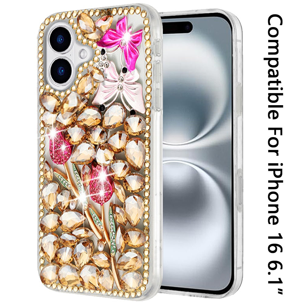 For Apple iPhone 16 Pro (6.3") Bling Crystal 3D Full Diamonds Luxury Sparkle Rhinestone Hybrid Protective Case Cover