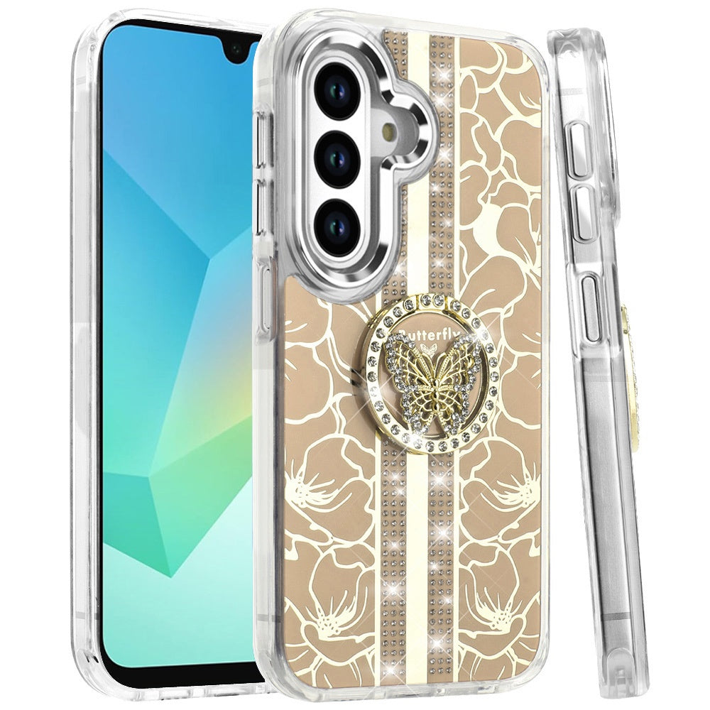 For Samsung Galaxy A16 5G Diamonds 3D Butterfly Floral Design Bling Sparkly Glitter Hybrid Metal Fashion with Ring Stand Case Cover