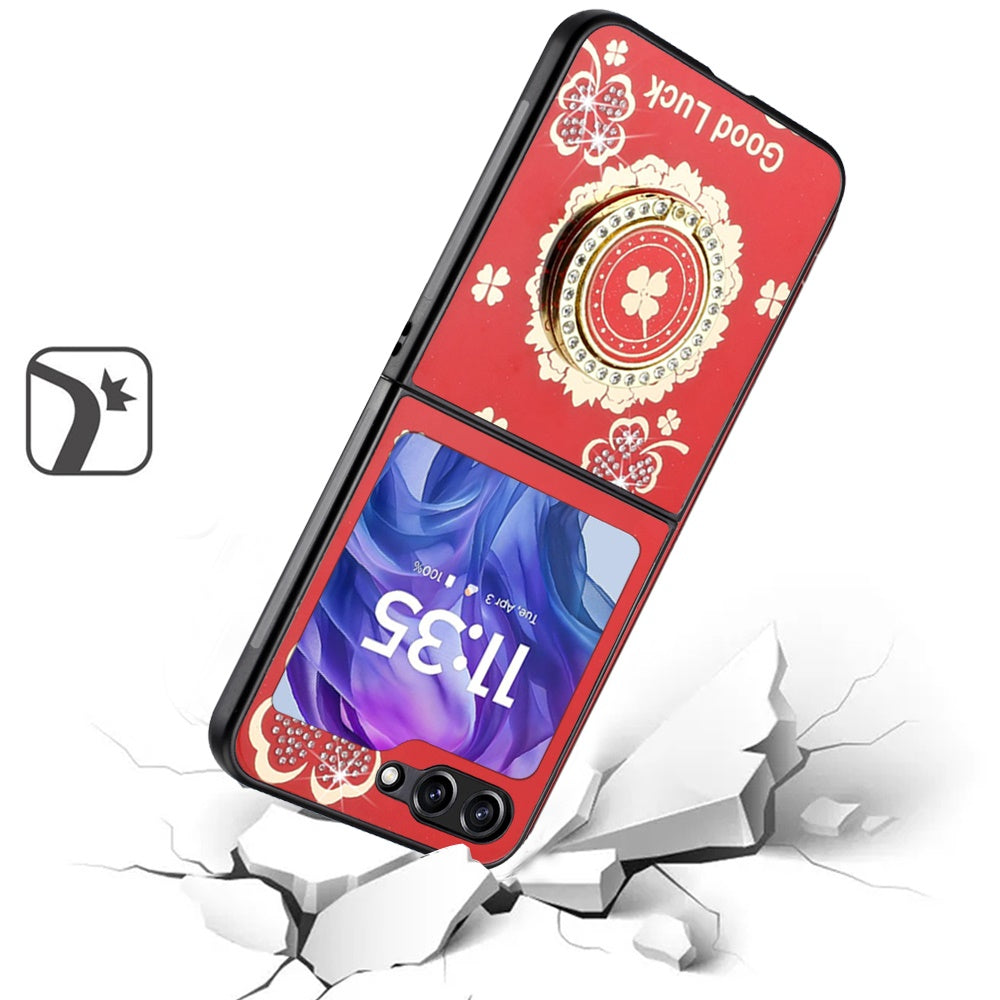 For Samsung Galaxy Z Fold 7 Diamonds 3D Fashion Floral Bling Sparkly Glitter Ornaments Engraving Hybrid with Ring Stand Case Cover Red Good Luck Floral