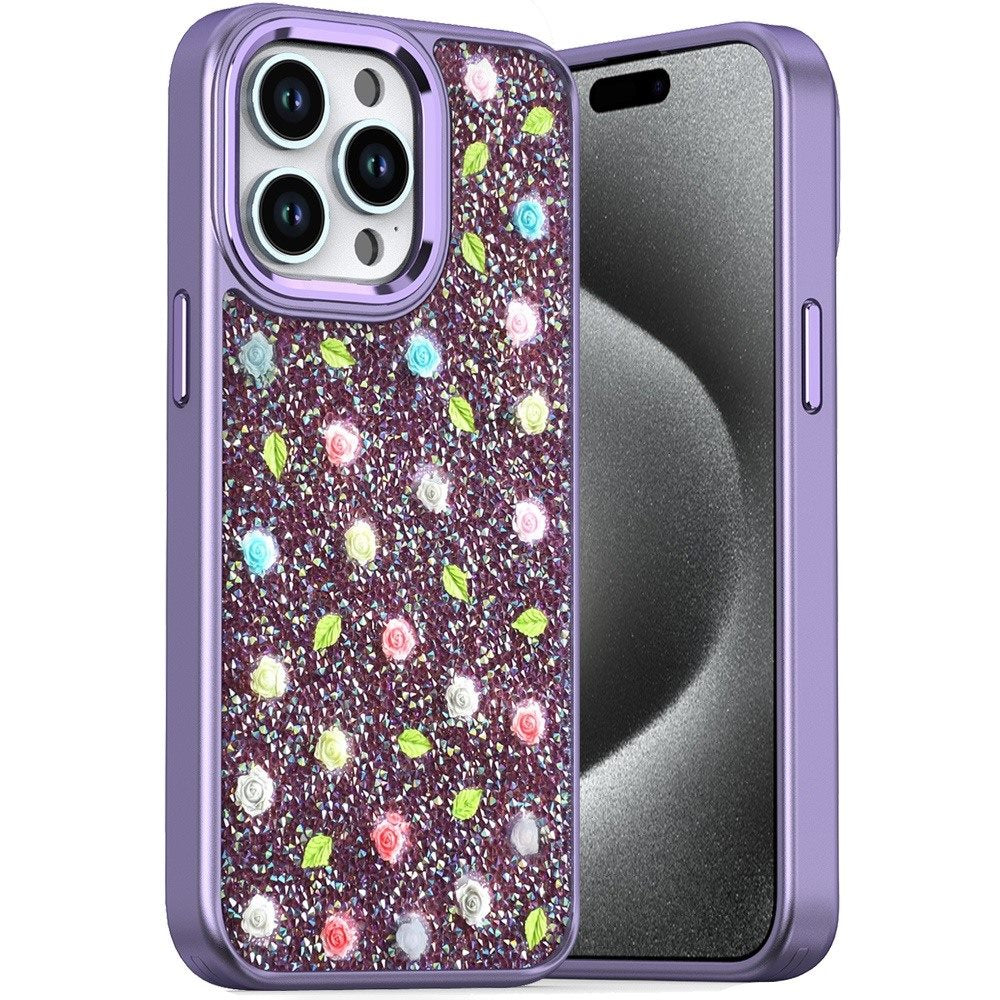 For Samsung Galaxy A06 Floral Design Embedded Glass Diamond Fancy Fashion Glitter Bling Sparkly Hybrid Rugged TPU Bumper Case Cover