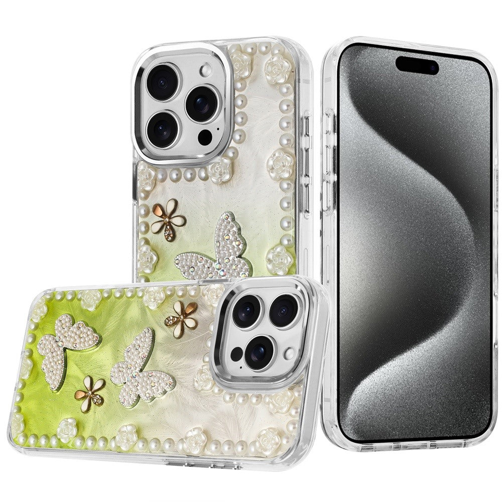 For Samsung Galaxy A36 Bling Fashion Design with 3D Pearls Epoxy Glitter Ornaments Chrome Edge Hard Slim PC Case Cover