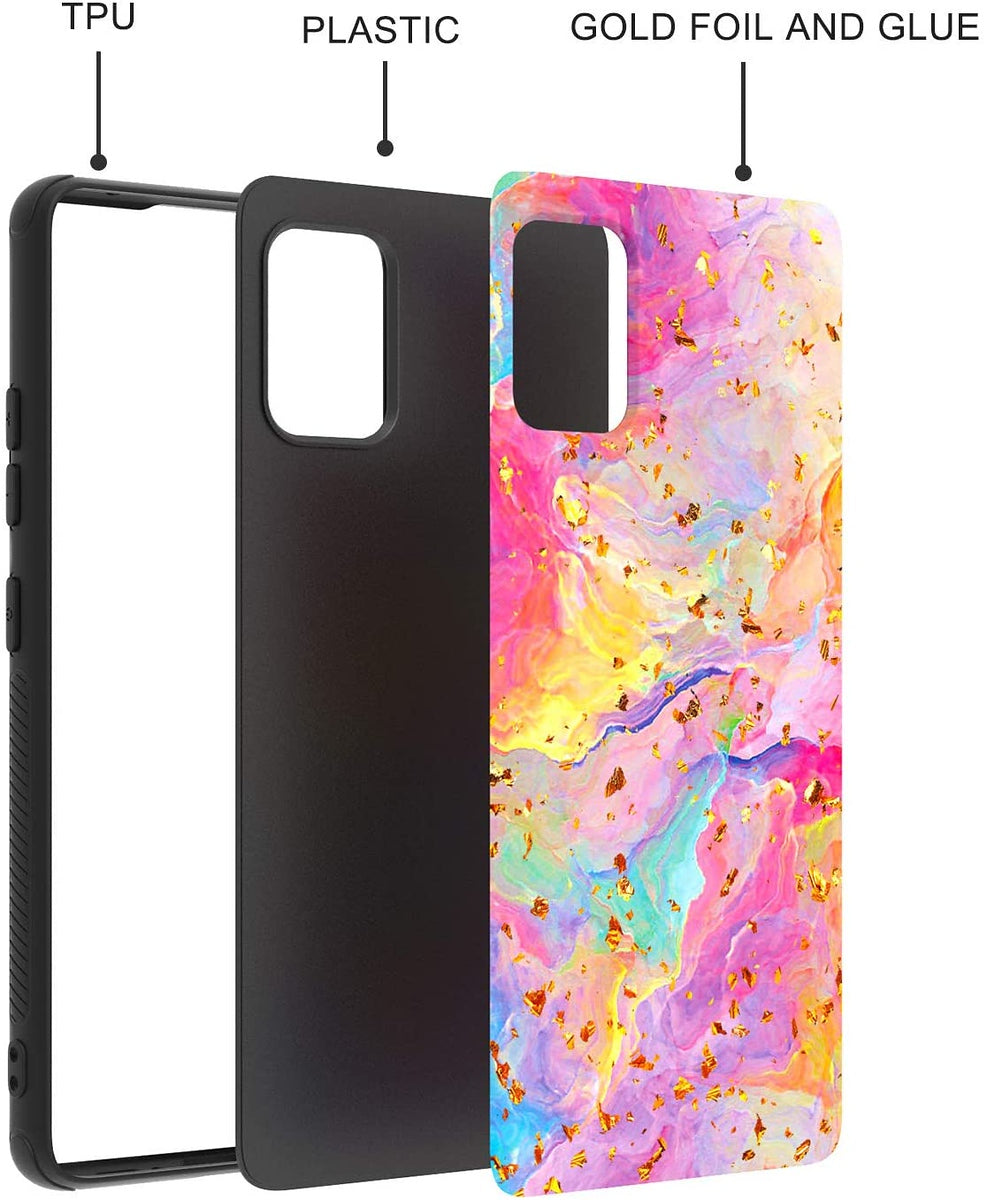 For Apple iPhone 15 Pro (6.1") Marble Fashion Stylish Flake Glitter Bling Hybrid Glossy TPU Rubber Hard PC Protection Marble Colorful Rainbow Phone Case Cover