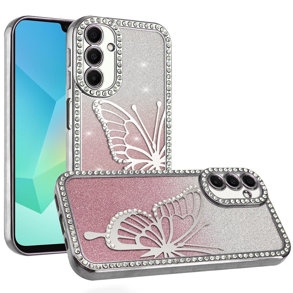 For Samsung Galaxy A16 5G Butterfly Glitter Diamond Shimmer Hybrid Slim & Stylish Electroplated Sparkly Bling Shockproof TPU Protective Case Cover