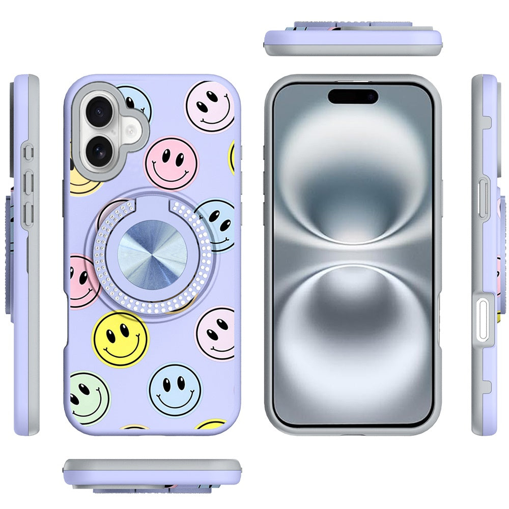 For Apple iPhone 16 (6.1") Pattern Design Hybrid with Invisible Ring Stand & Magnetic Back, Shockproof Protective Grip Case Cover