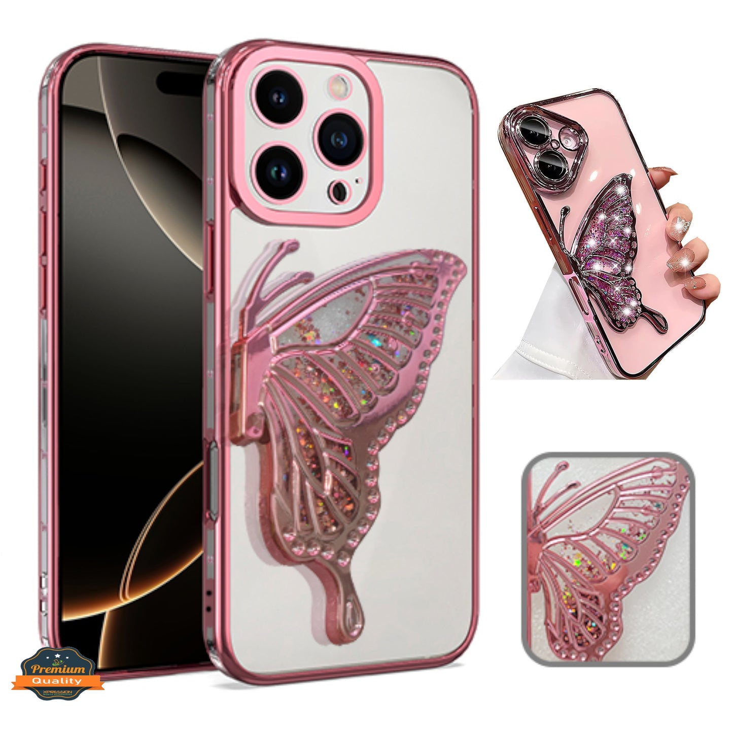 For Samsung Galaxy A16 Glitter 3D Butterfly Bling Case, Chrome Electroplate Sparkle Liquid Flowing Plating Hybrid Bumper Case Cover