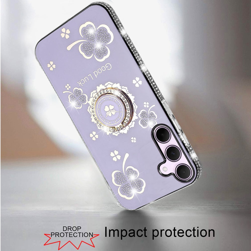 For Samsung Galaxy A26 Diamonds Bling All Around Edges Sparkly Glitter Hybrid with Ring Stand Holder Fashion Good Luck Case Cover