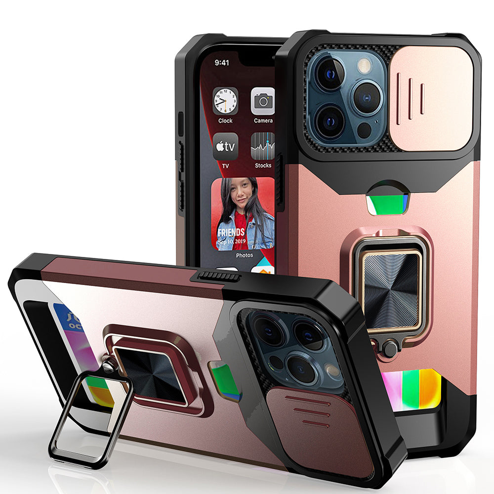 For Samsung Galaxy A16 5G Wallet Case with Ring Stand & Slide Camera Cover Credit Card Holder, Military Grade Hard Shockproof Case Cover Rose Gold