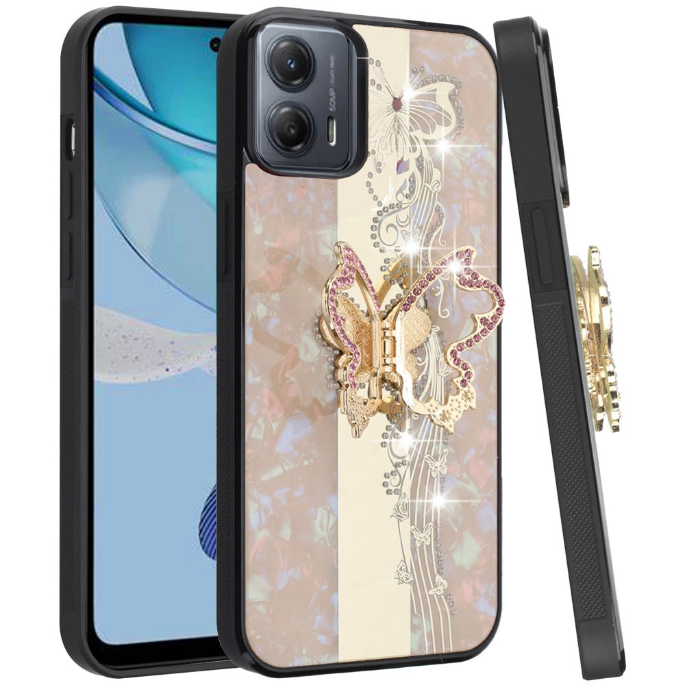 For Samsung Galaxy A06 Diamonds 3D Butterfly Bling Sparkly Glitter Ornaments Engraving Hybrid with Ring Stand Fashion Case Cover Enchanted Butterfly Gold