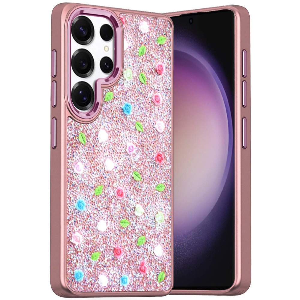 For Samsung Galaxy A06 Floral Design Embedded Glass Diamond Fancy Fashion Glitter Bling Sparkly Hybrid Rugged TPU Bumper Case Cover