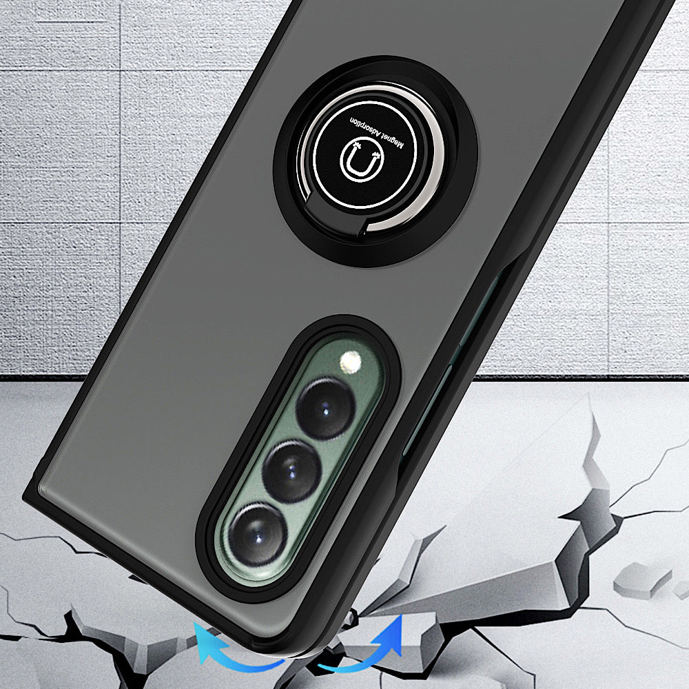 For Samsung Galaxy Z Fold 7 Semi Transparent Matte Hybrid Protective PC & TPU Shockproof with 360° Rotation Ring Stand Case Cover