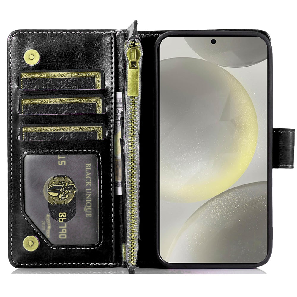 For Samsung Galaxy S25+ /S25 Plus /S24+ Plus Leather Wallet Case with Zipper, 9 Card Slots, Cash Pocket, Stand & Strap, Clutch Pouch Design Case Cover Black