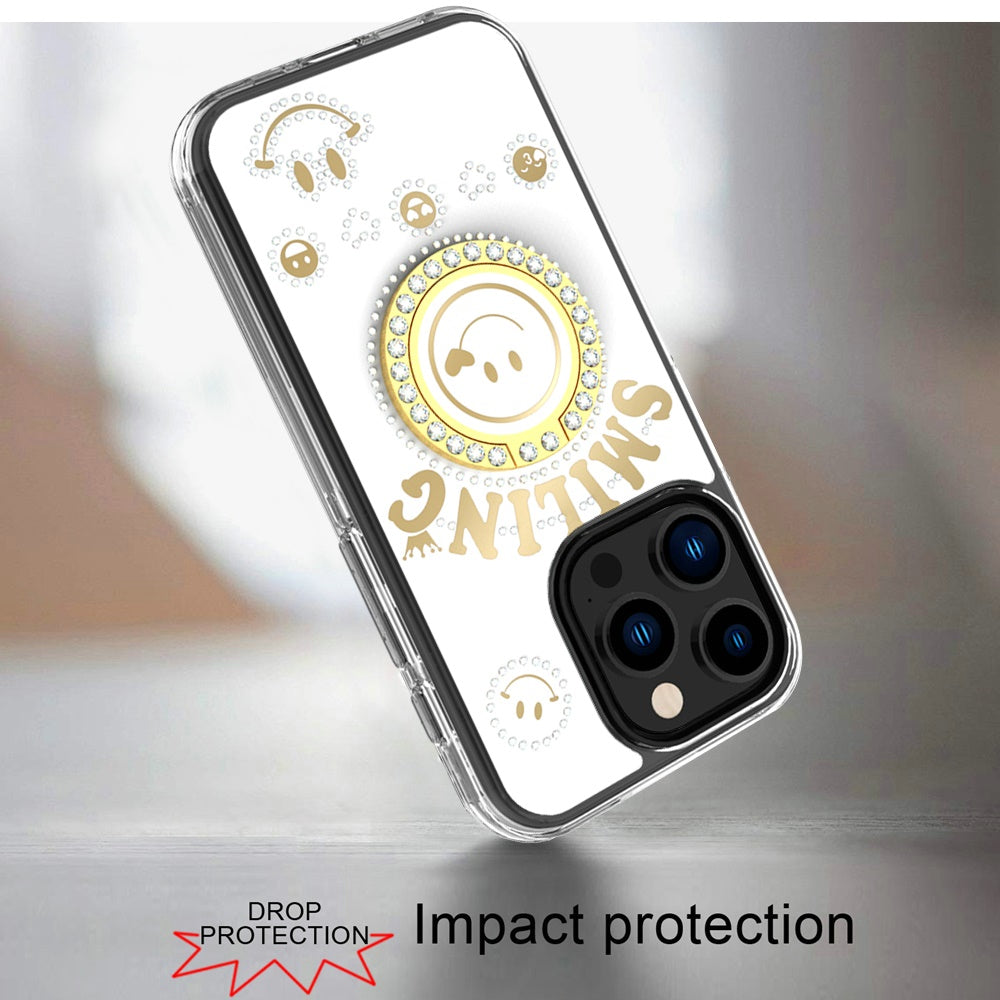 For Apple iPhone 16 Pro Max (6.9") Smiling Glitter Ornament Bling Sparkle with Ring Stand Hybrid Slim TPU + Hard Back Shell Case Cover