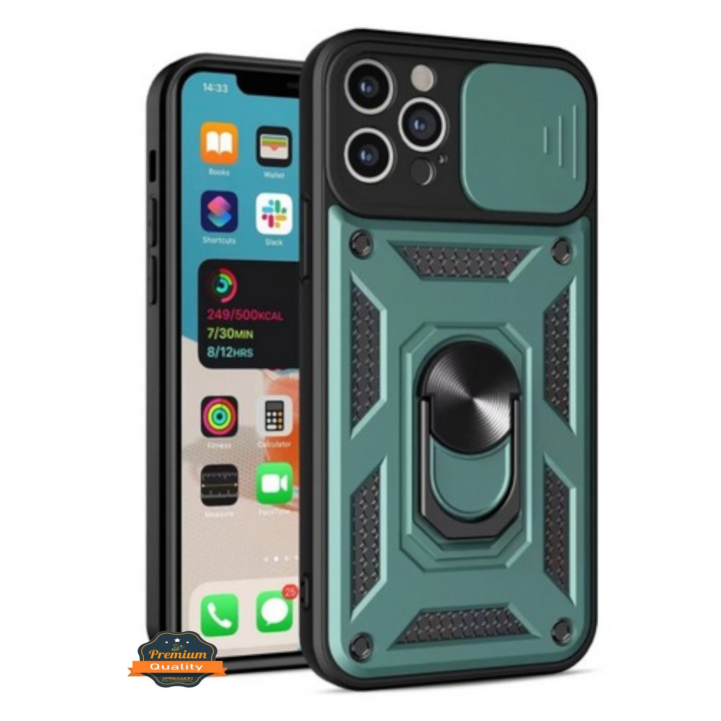 For Apple iPhone 15 (6.1") Built in Sliding Camera Lens Protection & Finger Ring Stand Holder Hybrid PC Shockproof Phone Case Cover