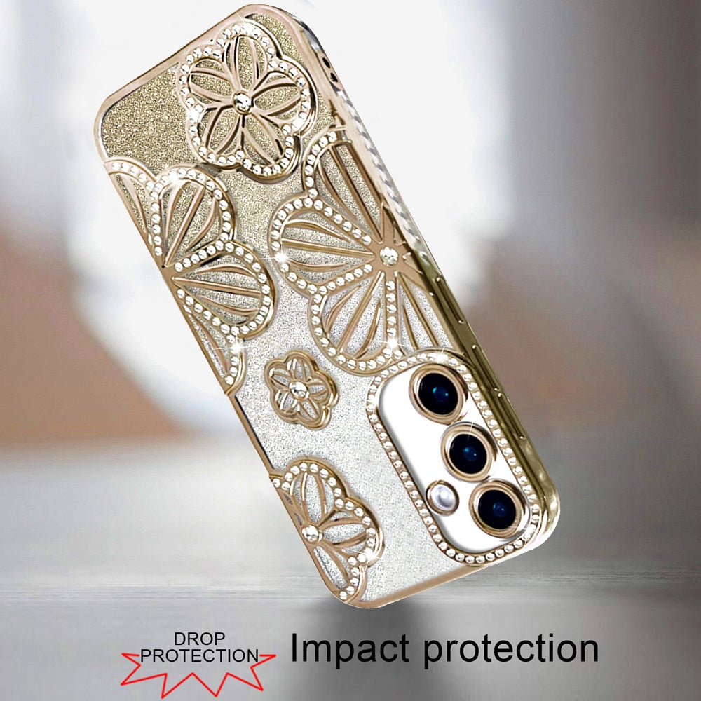 For Samsung Galaxy A16 Luxury Flower Design Sparkle Glitter Diamond Rhinestone Shimmer Bling Plating Thick TPU Hard PC Case Cover Flower Gold