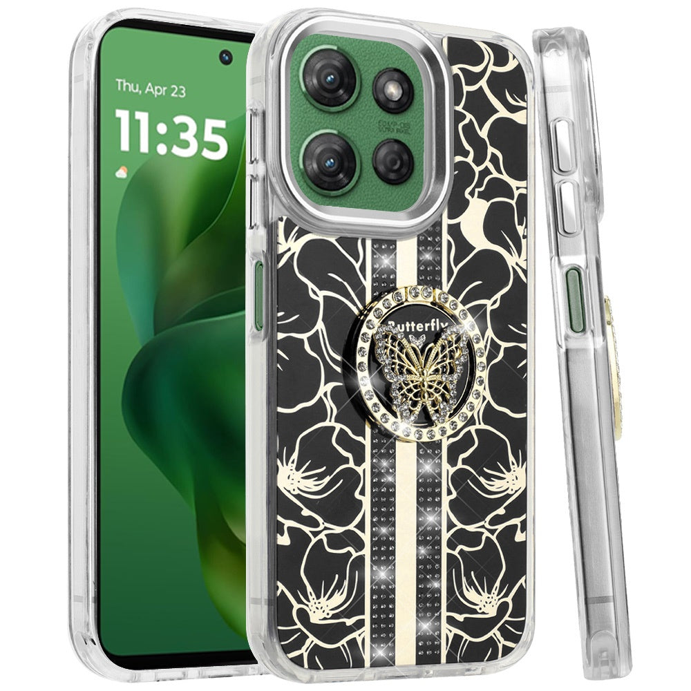 For Motorola Moto G Power 5G 2025 Diamonds 3D Butterfly Floral Design Bling Sparkly Glitter Hybrid Metal Fashion with Ring Stand Case Cover