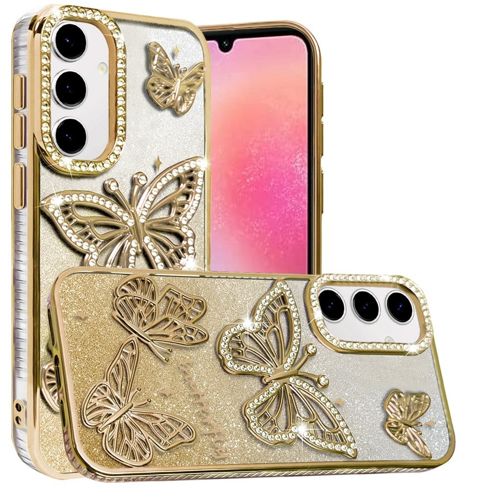 For Samsung Galaxy A16 Luxury Butterfly Sparkle Glitter Diamond Crystal Rhinestone Shimmer Bling Plating Thick TPU Hard PC Case Cover