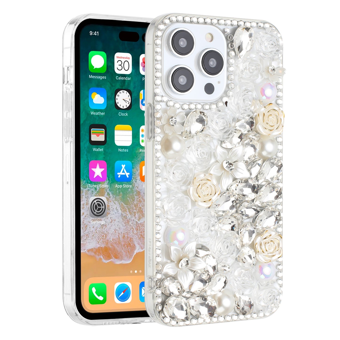 For Samsung Galaxy A16 5G Fashion Rose Flower Floral Bling Crystal 3D Full Diamonds Pearl Sparkle Rhinestone Glitter Hybrid Case Cover