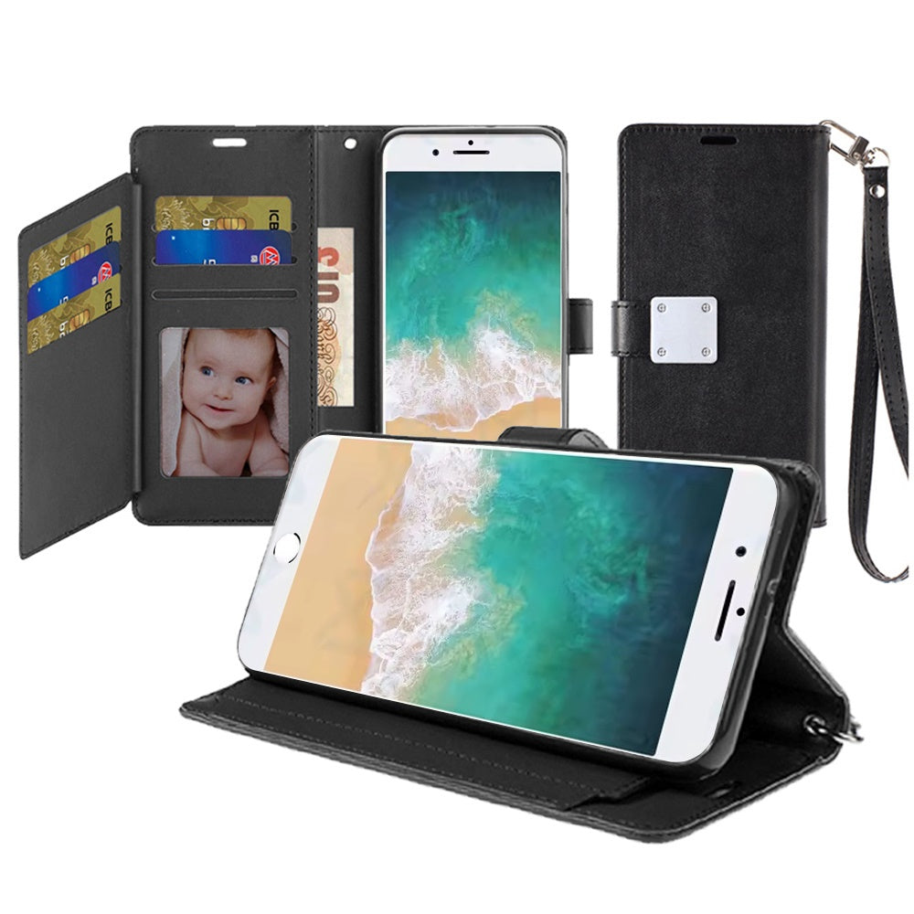 For Samsung Galaxy S25 EDGE Wallet Case with ID/ Card Holder, Wristlet Strap, Magnetic TPU Protective Shockproof Folio Flip Case Cover Black