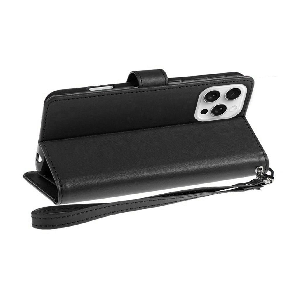 For Samsung Galaxy A16 5G Premium Leather Wallet with Credit Card ID Slots Cash Holder Duo Flip Pouch Stand and Strap Case Cover Black