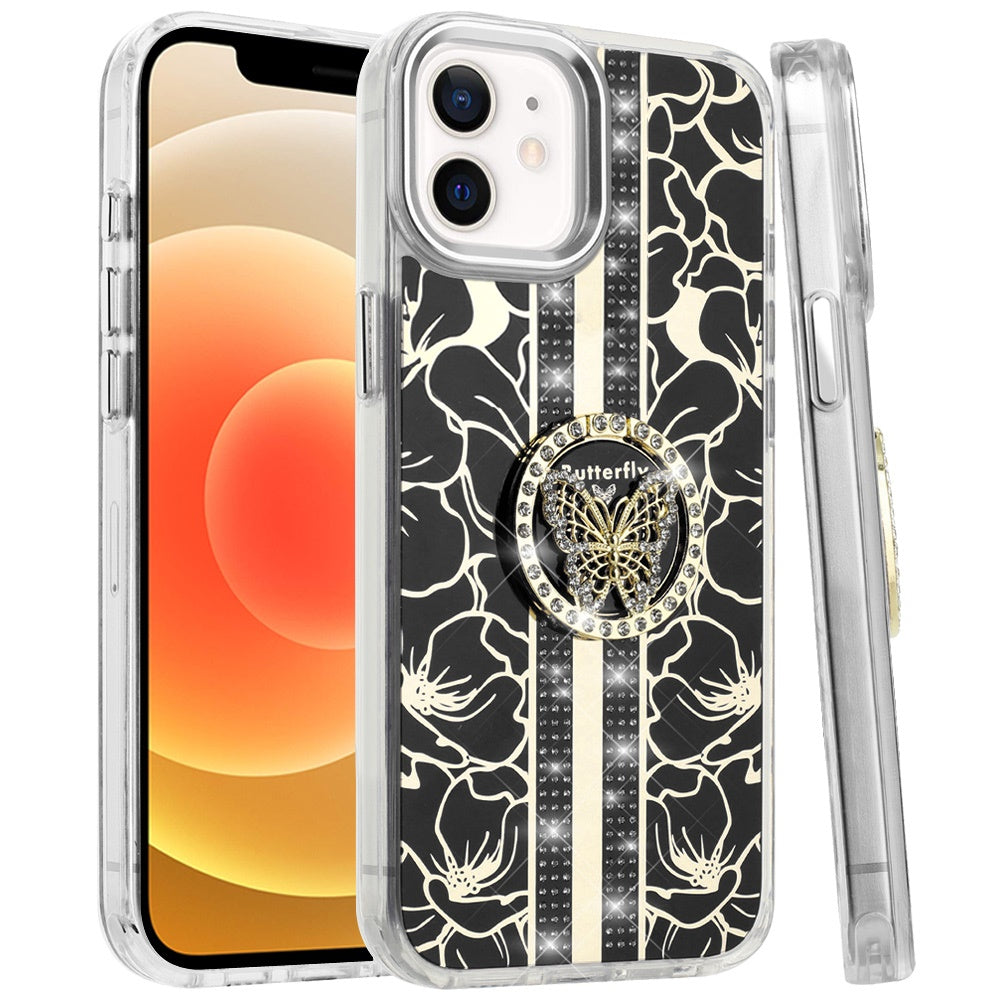 For Apple iPhone 15 Diamonds 3D Butterfly Floral Design Bling Sparkly Glitter Hybrid Metal Fashion with Ring Stand Case Cover