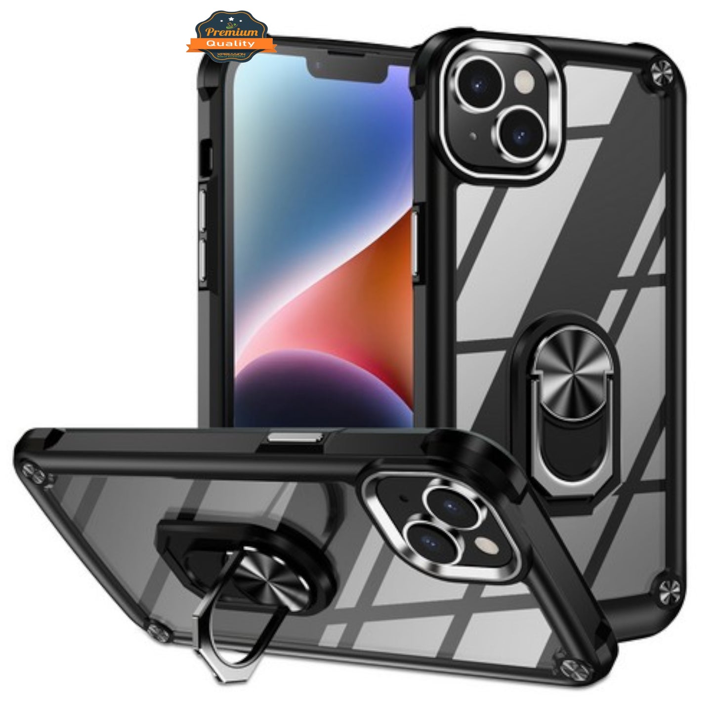 For Apple iPhone 15 Pro Max (6.7") Clear Transparent Hybrid with 360° Magnetic Ring Stand PC Heavy Duty Shockproof Phone Case Cover