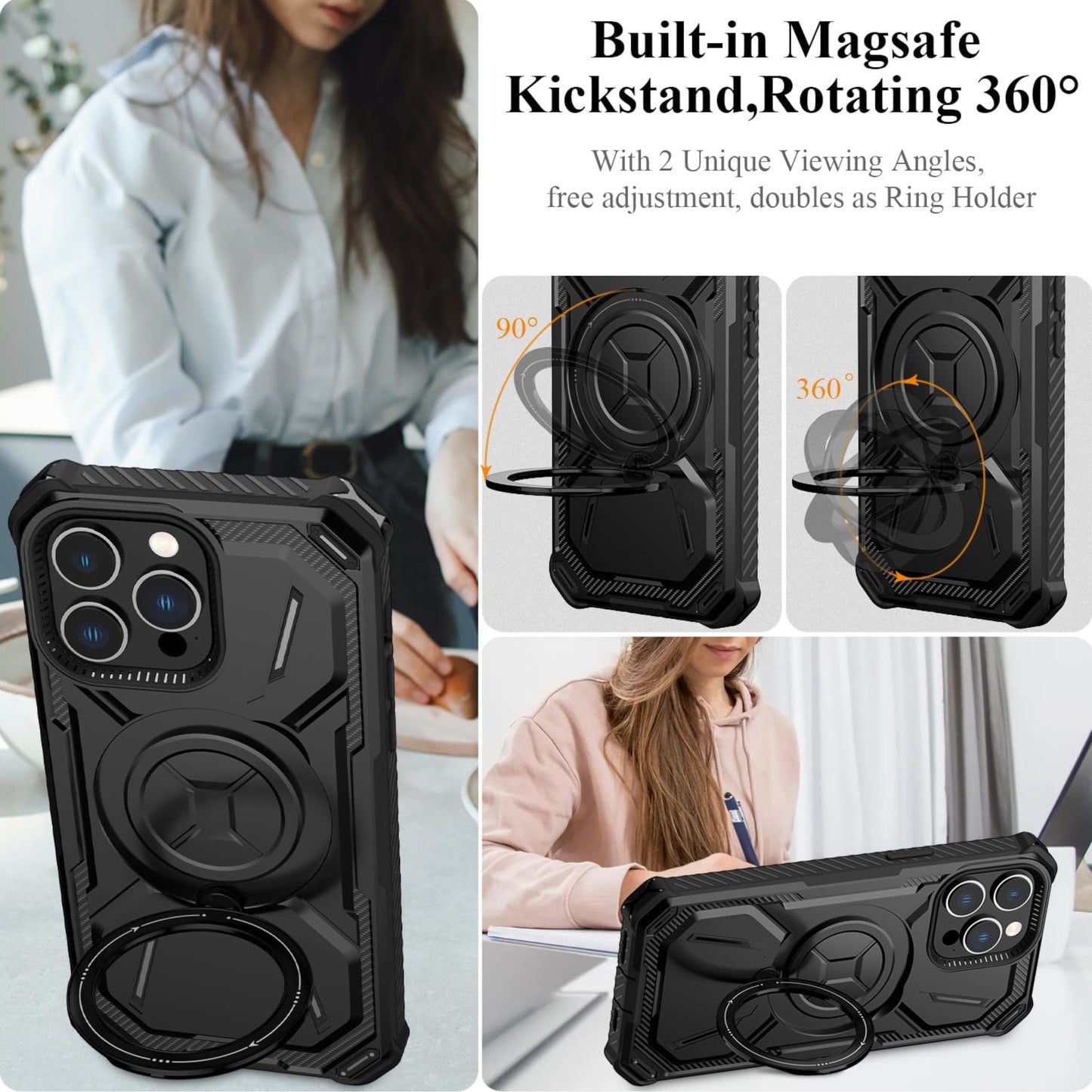 For Apple iPhone 15 Pro Max (6.7") Hybrid Invisible Stand Compatible with Magsafe 360° Ring Kickstand Shockproof Phone Case Cover
