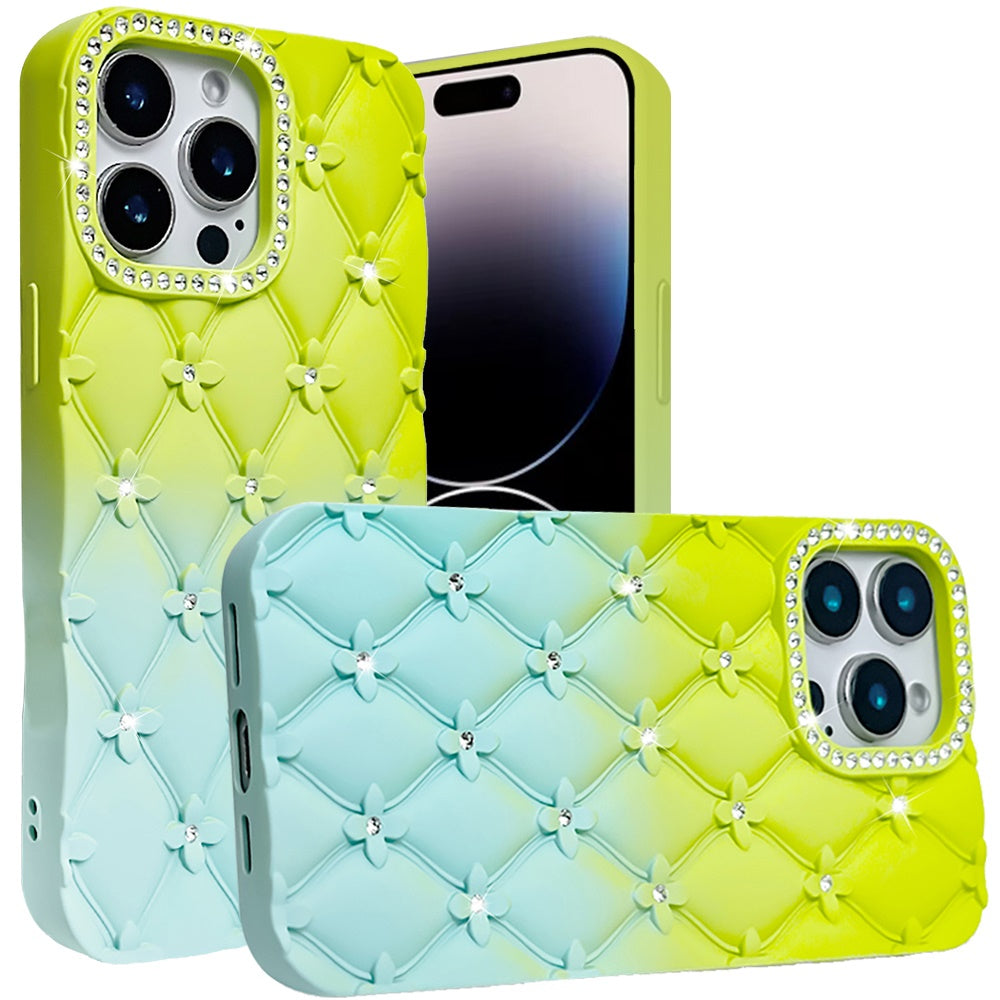 For Apple iPhone 15 Pro Max (6.7") Fashion Flower Design Sparkle Glitter Shimmer Rhinestone Bling Leather Feel Thick TPU Rubber Hard PC Case Cover