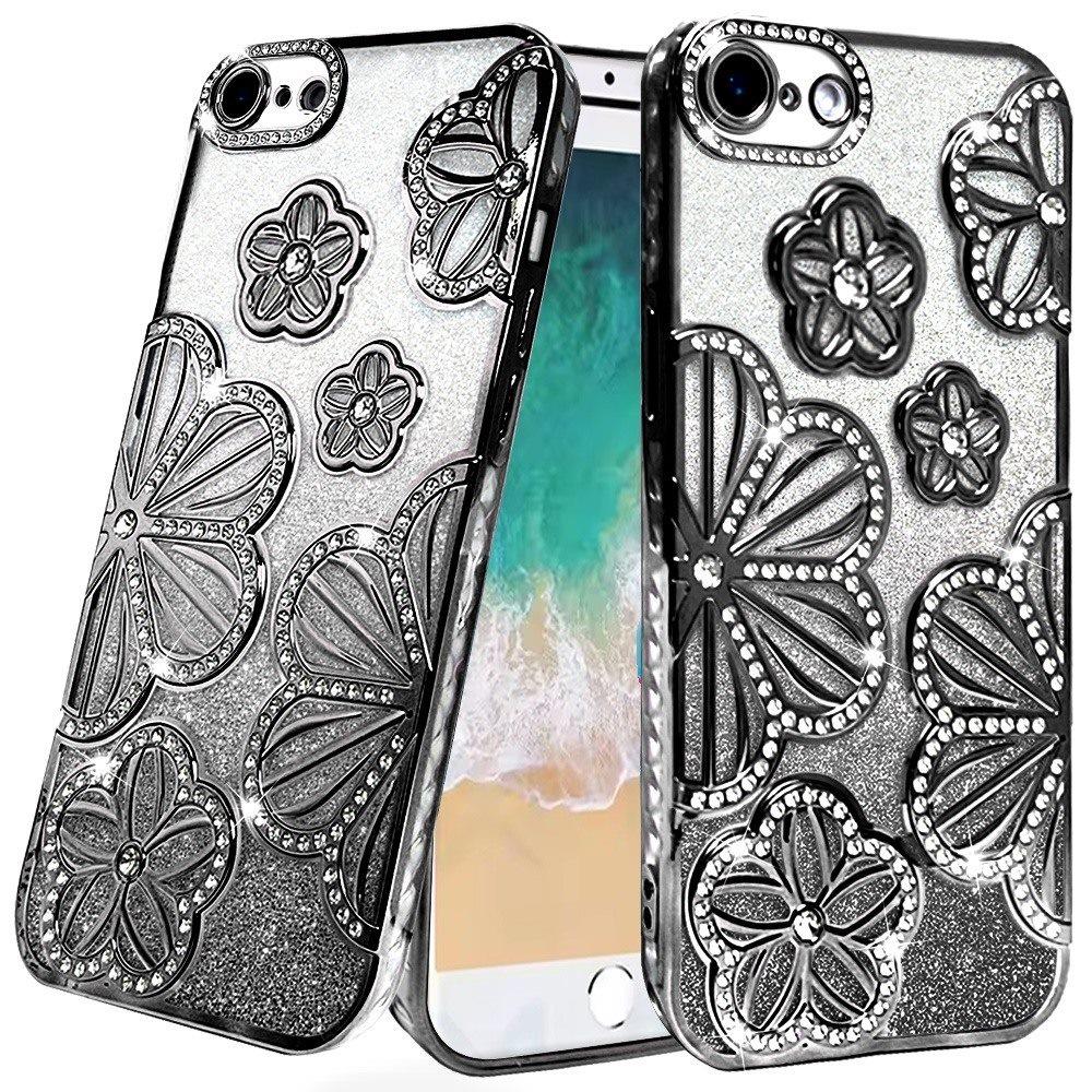 For Samsung Galaxy A16 5G Luxury Flower Design Sparkle Glitter Diamond Rhinestone Shimmer Bling Plating Thick TPU Hard PC Case Cover Flower Black