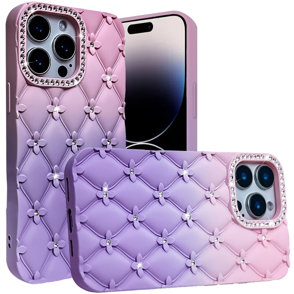 For Apple iPhone 15 Pro Max (6.7") Fashion Flower Design Sparkle Glitter Shimmer Rhinestone Bling Leather Feel Thick TPU Rubber Hard PC Case Cover