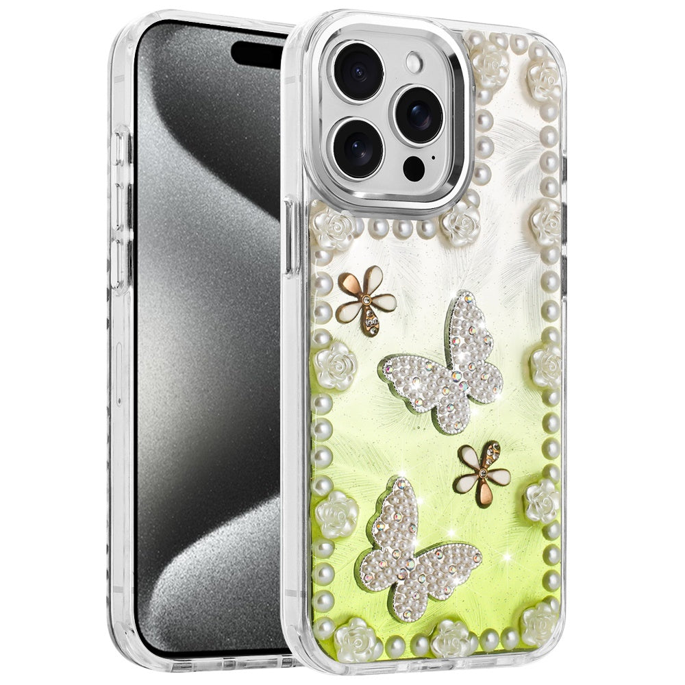 For Samsung Galaxy A36 Bling Fashion Design with 3D Pearls Epoxy Glitter Ornaments Chrome Edge Hard Slim PC Case Cover