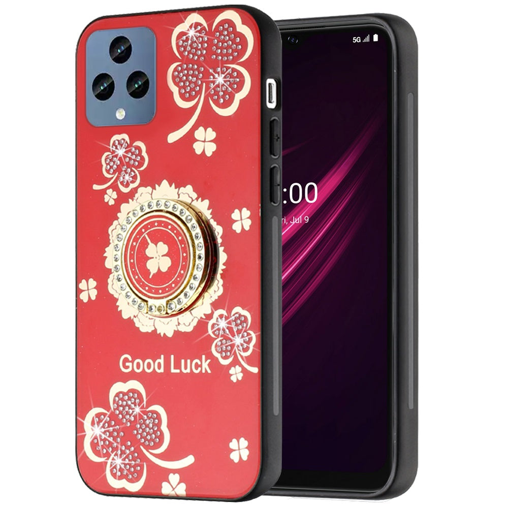 For Samsung Galaxy Z Fold 7 Diamonds 3D Fashion Floral Bling Sparkly Glitter Ornaments Engraving Hybrid with Ring Stand Case Cover Red Good Luck Floral