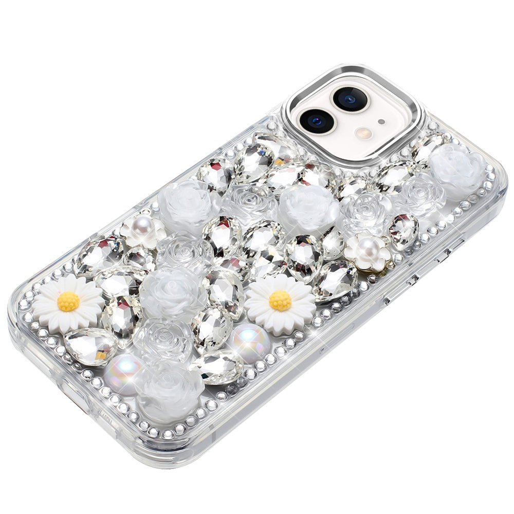 For Samsung Galaxy A16 5G Fashion Daisy Floral Series, Full 3D Bling Crystal Diamonds Sparkling Rhinestone Glitter Hybrid Design Case Cover