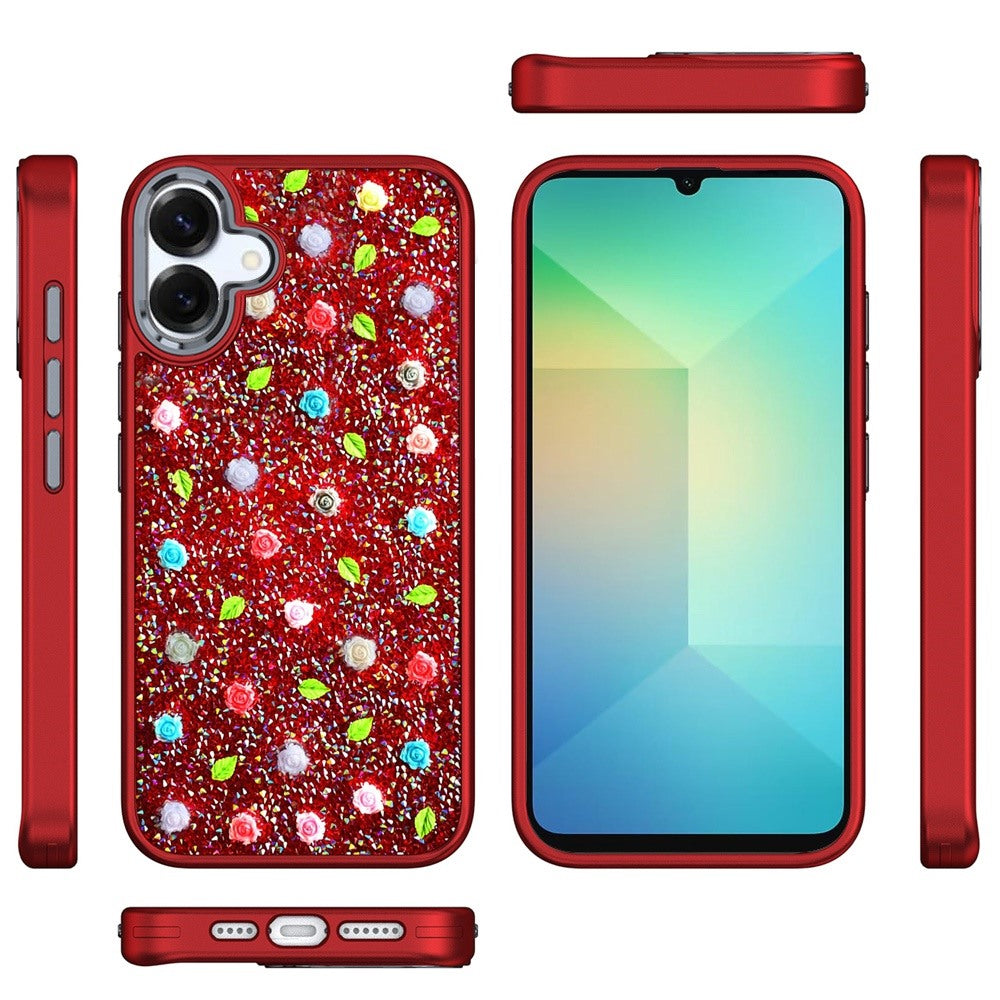 For Samsung Galaxy A06 Floral Design Embedded Glass Diamond Fancy Fashion Glitter Bling Sparkly Hybrid Rugged TPU Bumper Case Cover