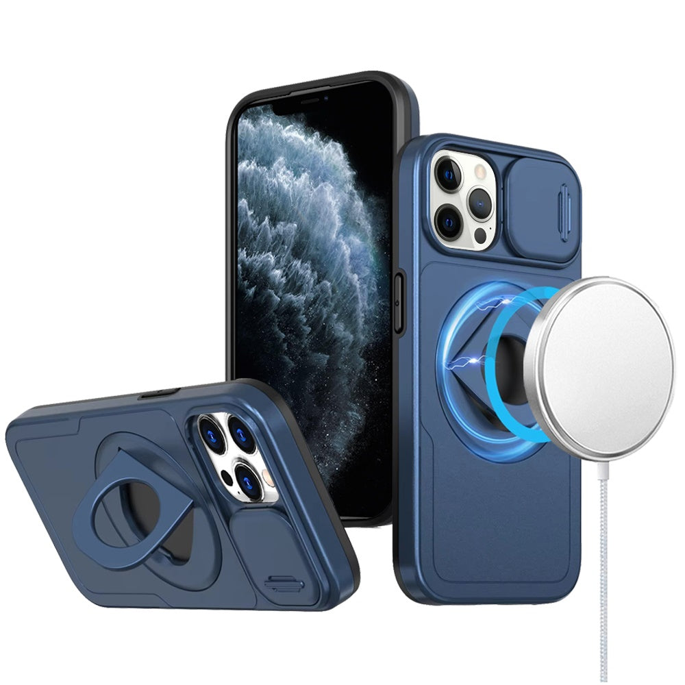 For Apple iPhone 14 Pro Max Full Coverage with Camera Window, Magnetic Circle, Rotatable Ring Stand, MagSafe Compatible, Shockproof Hybrid Protectiv Case Cover