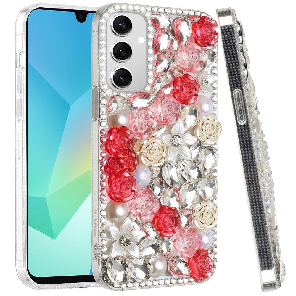 For Samsung Galaxy A16 5G Fashion Rose Flower Floral Bling Crystal 3D Full Diamonds Pearl Sparkle Rhinestone Glitter Hybrid Case Cover