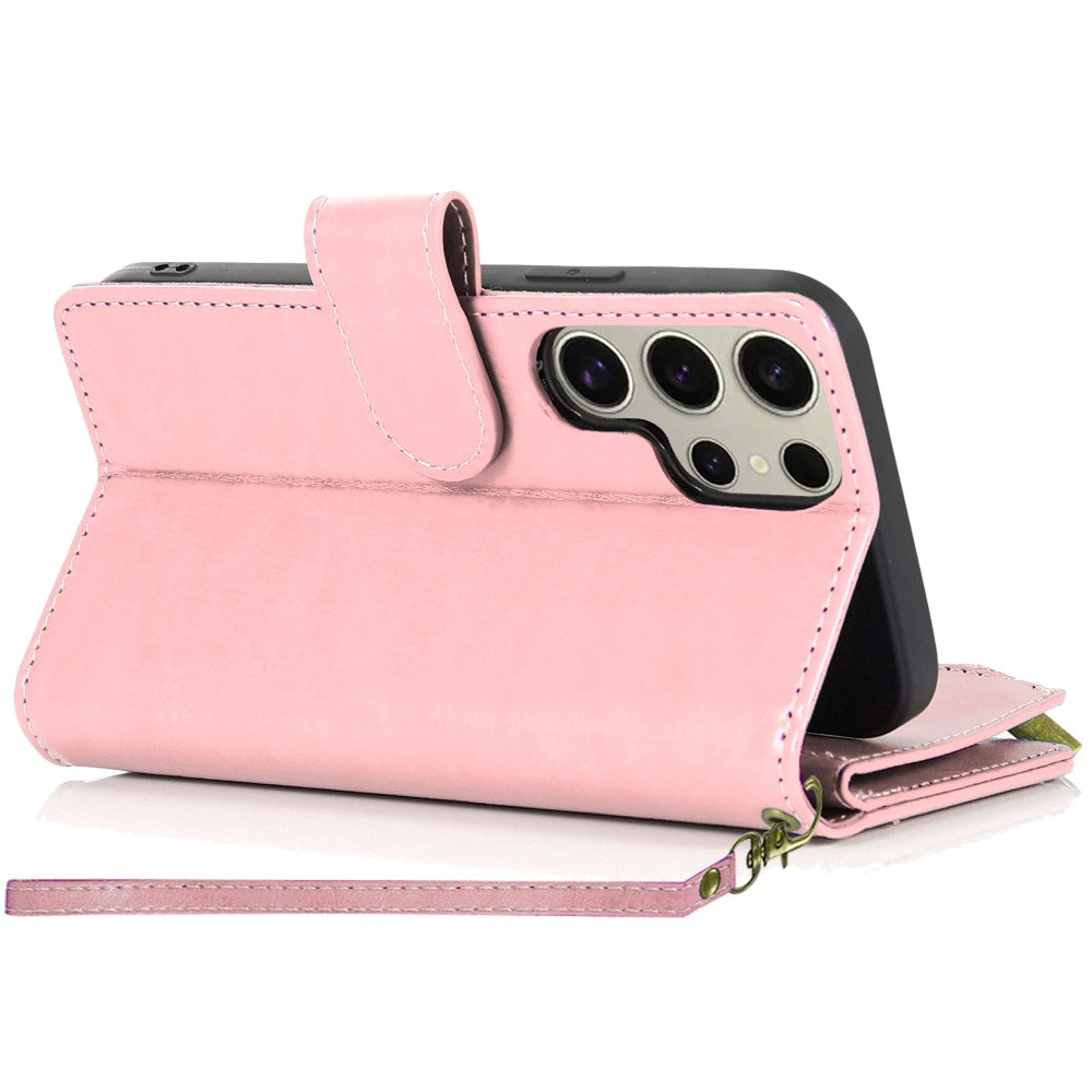 For Samsung Galaxy S25+ /S25 Plus /S24+ Plus Leather Wallet Case with Zipper, 9 Card Slots, Cash Pocket, Stand & Strap, Clutch Pouch Design Case Cover Rose Gold