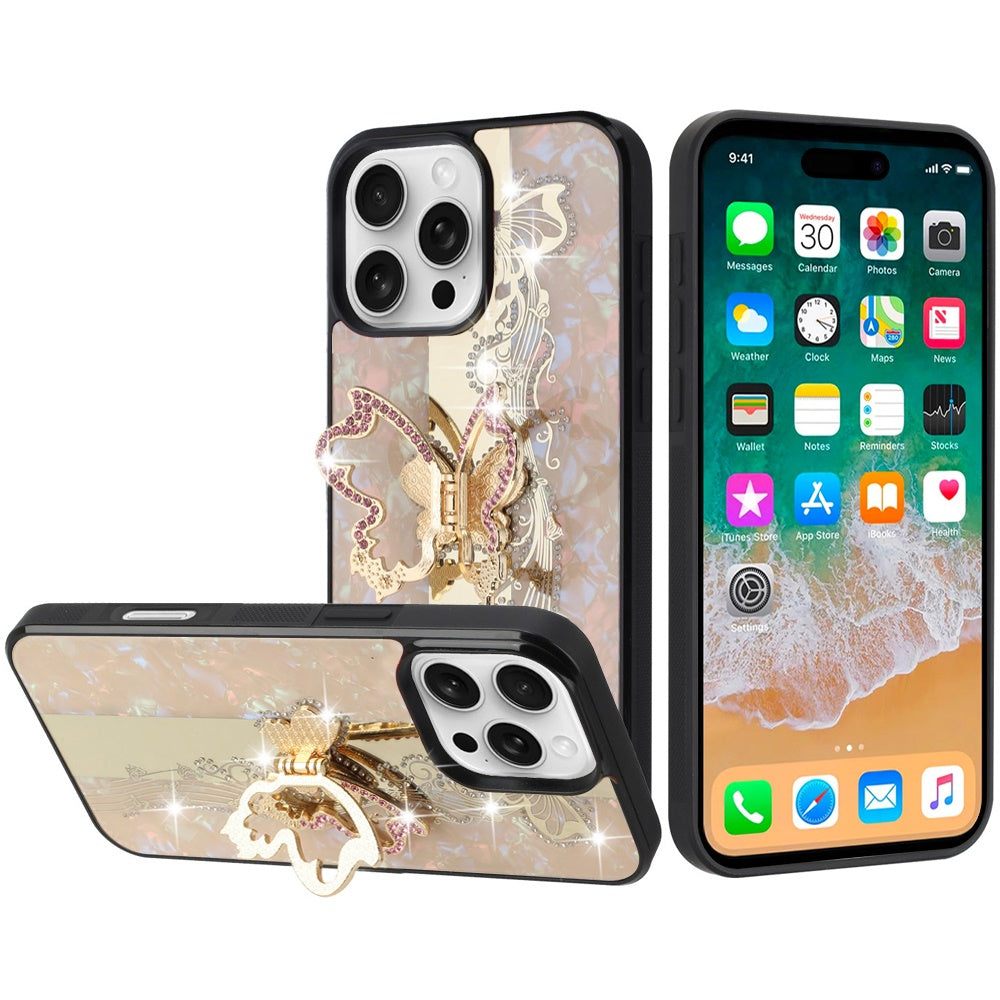 For Apple iPhone 16 (6.1") Diamond Bling Sparkly 3D Back Ornaments Engraving Hybrid with Stand Fashion Case Cover Enchanted Butterfly Gold