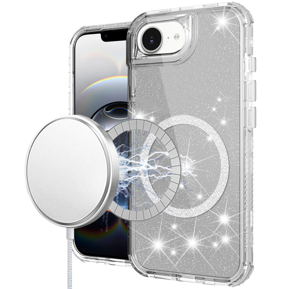 For Apple iPhone 16e Magnetic Circle Compatible with Magsafe, Bling Glitter Sparkle 3-in-1 Hybrid Shockproof TPU Bumper Case Cover