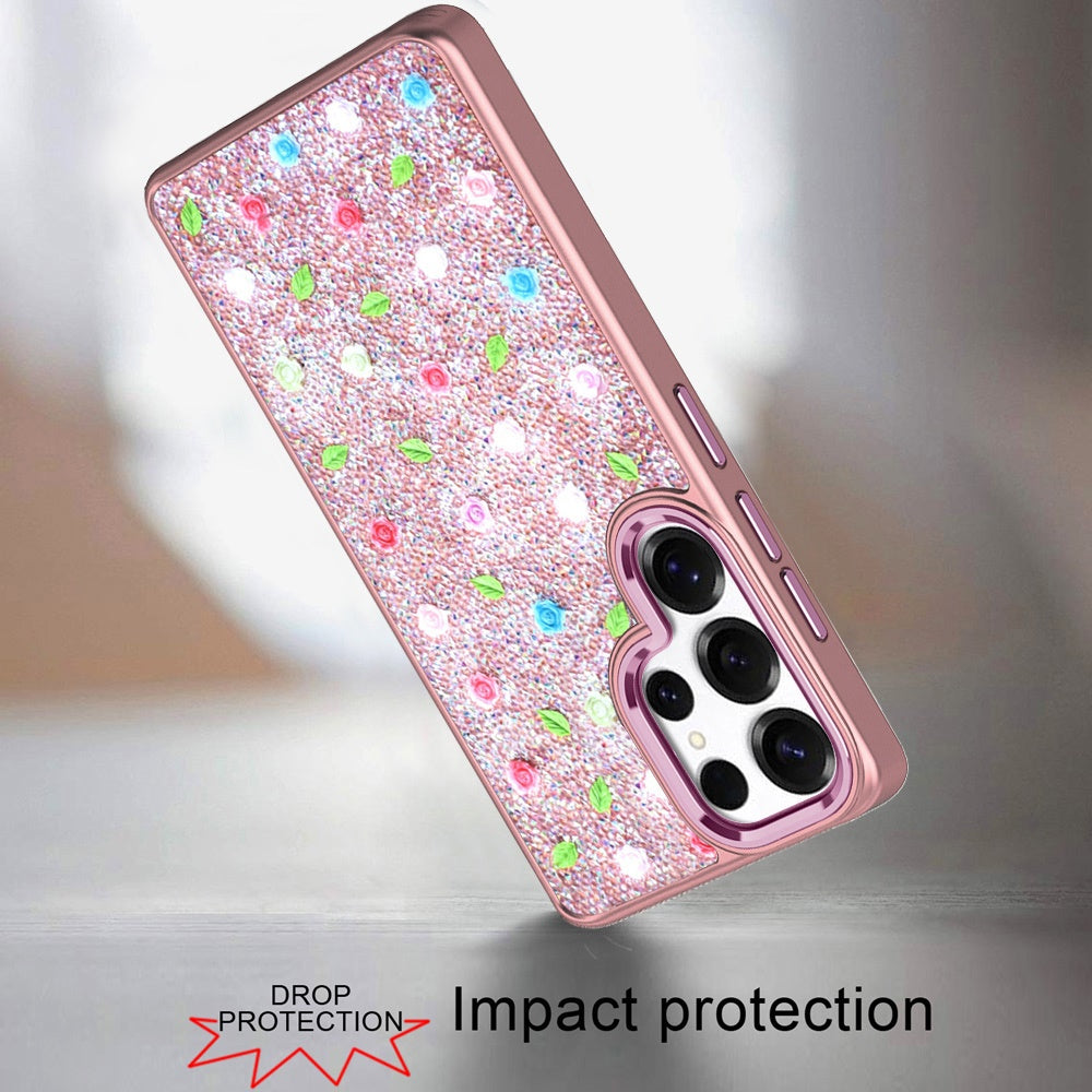 For Samsung Galaxy A06 Floral Design Embedded Glass Diamond Fancy Fashion Glitter Bling Sparkly Hybrid Rugged TPU Bumper Case Cover