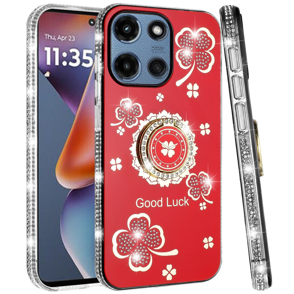 For Motorola Moto G Stylus 5G 2025 Diamonds Bling All Around Edges Sparkly Glitter Hybrid with Ring Stand Holder Fashion Good Luck Case Cover