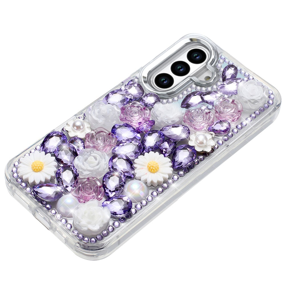 For Samsung Galaxy A16 5G Fashion Daisy Floral Series, Full 3D Bling Crystal Diamonds Sparkling Rhinestone Glitter Hybrid Design Case Cover
