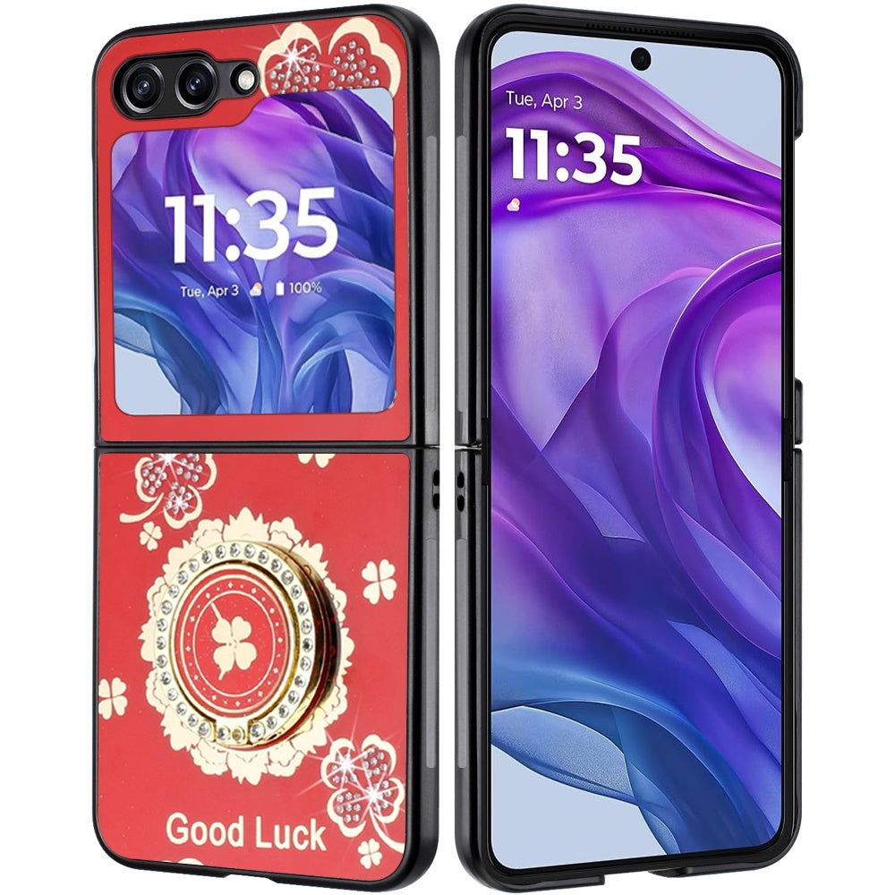 For Samsung Galaxy Z Fold 7 Diamonds 3D Fashion Floral Bling Sparkly Glitter Ornaments Engraving Hybrid with Ring Stand Case Cover Red Good Luck Floral