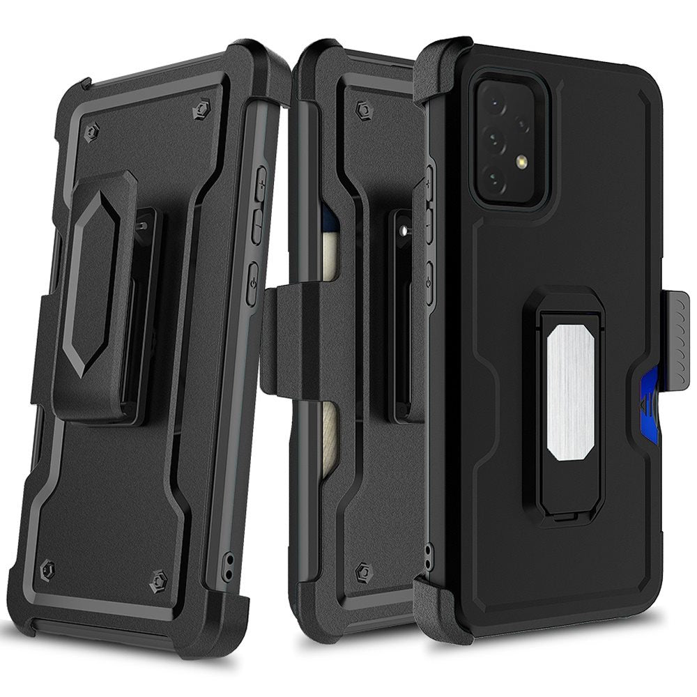 For Samsung Galaxy A16 5G Full-Body Hybrid Heavy Duty Armor Case with Belt Clip Holster, Credit Card Holder & Kickstand Case Cover Black