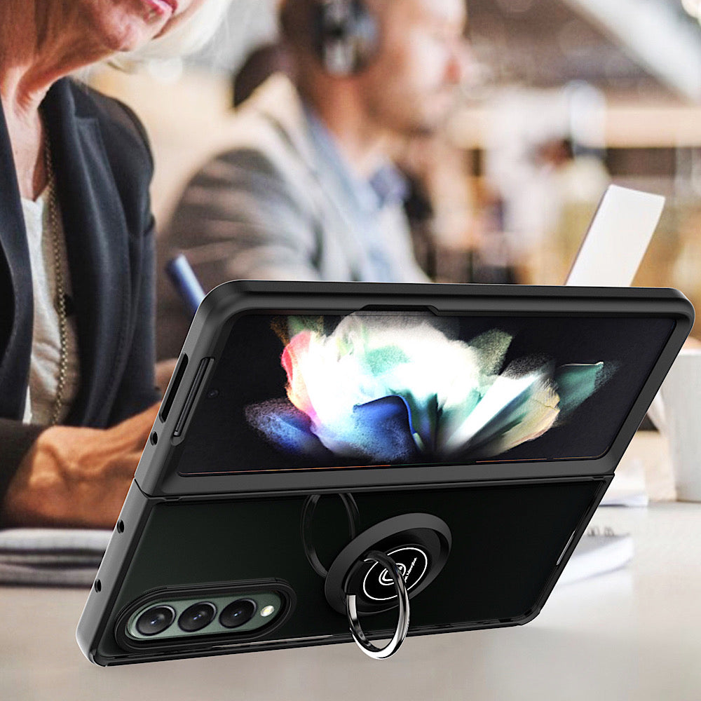 For Samsung Galaxy Z Fold 7 Semi Transparent Matte Hybrid Protective PC & TPU Shockproof with 360° Rotation Ring Stand Case Cover