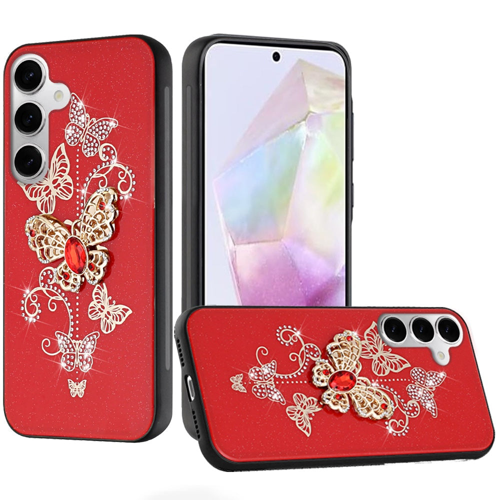 For Apple iPhone 16e Diamonds 3D Butterfly Bling Sparkly Glitter Ornaments Engraving Hybrid Metal Fashion Case Cover Red Garden Butterflies