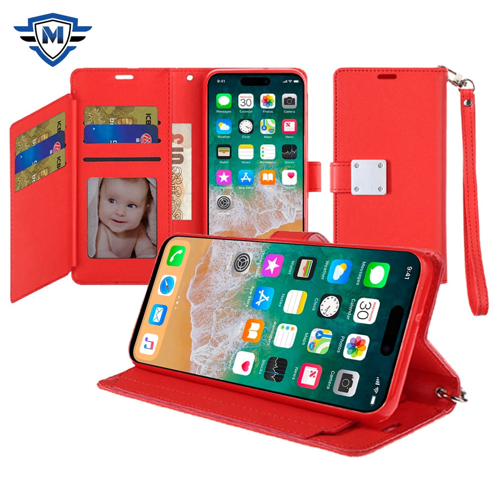 For Apple iPhone 16 Pro (6.3") Premium Leather Wallet with Credit Card ID Slots Cash Holder Duo Flip Pouch Stand and Strap Case Cover